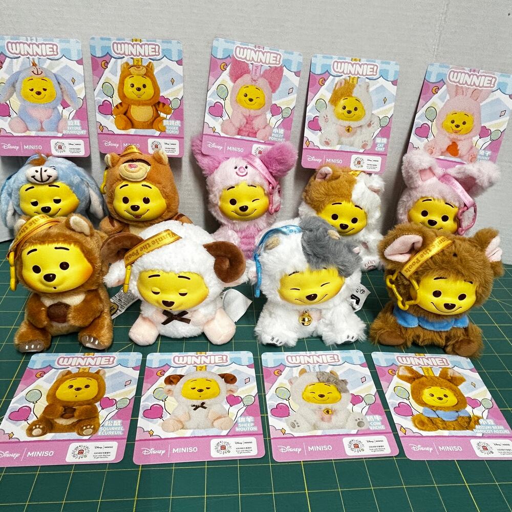 (9) Miniso Disney Winnie the Pooh Naughty Party Plush Vinyl Keychain w Cards EUC